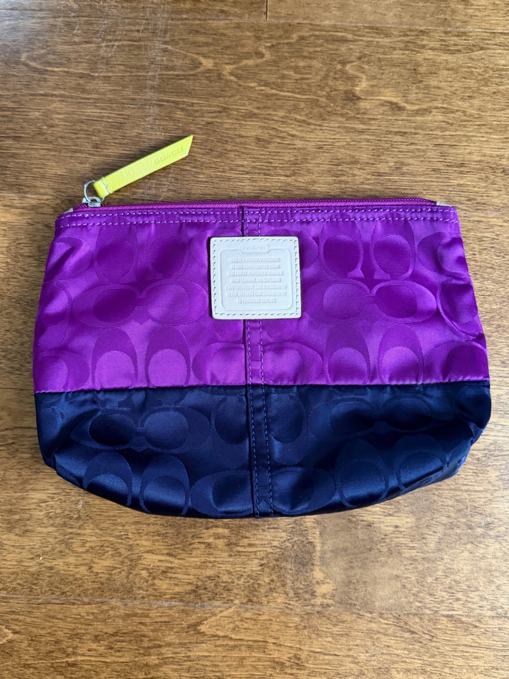 Coach Two-Tone Satin Logo Cosmetic Pouch in Purple, Navy & Neon Yellow - Picture 2 of 11